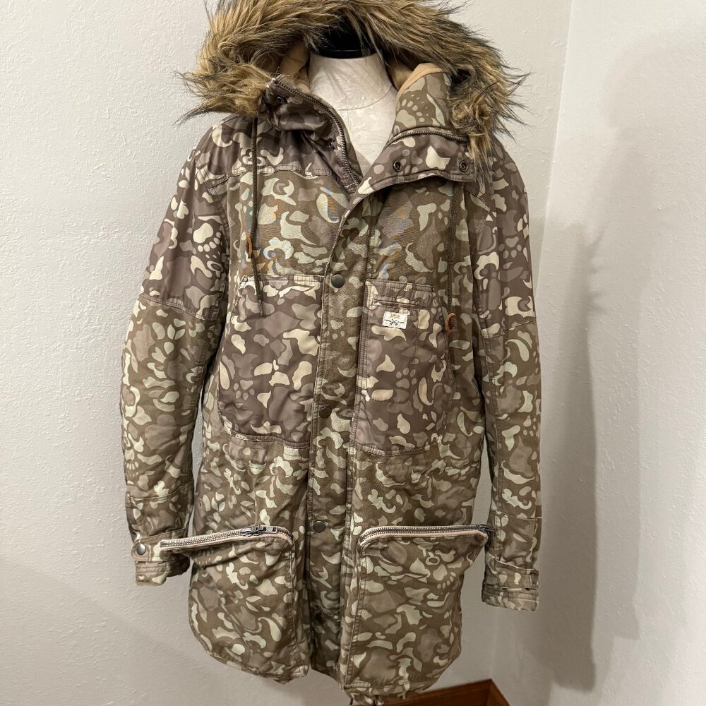 Men's Diesel Camouflage Parka fur trim winter jacket coat military size Large